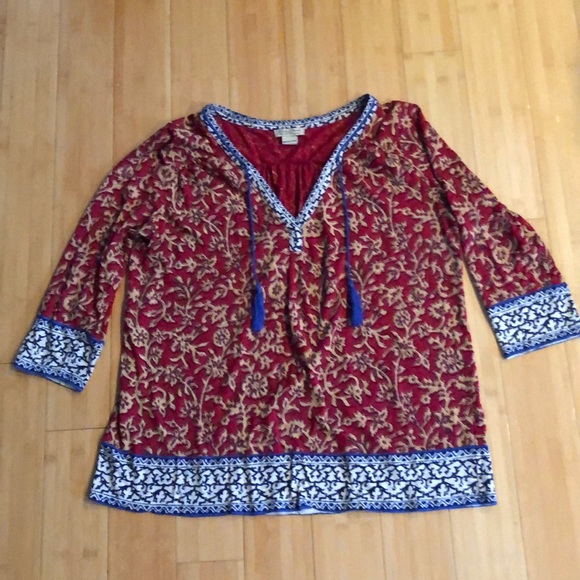 Lucky Brand Tops - Lucky Brand 3/4 sleeve red/blue/ tunic blouse.  Size L. EC.